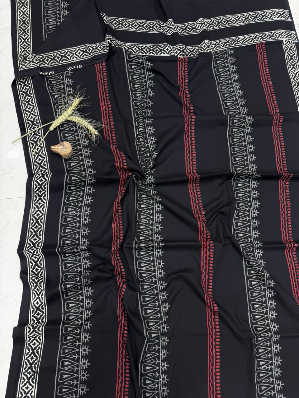 Green and yellow Bagru cotton saree with hand block print, wholesale by Fabtexs